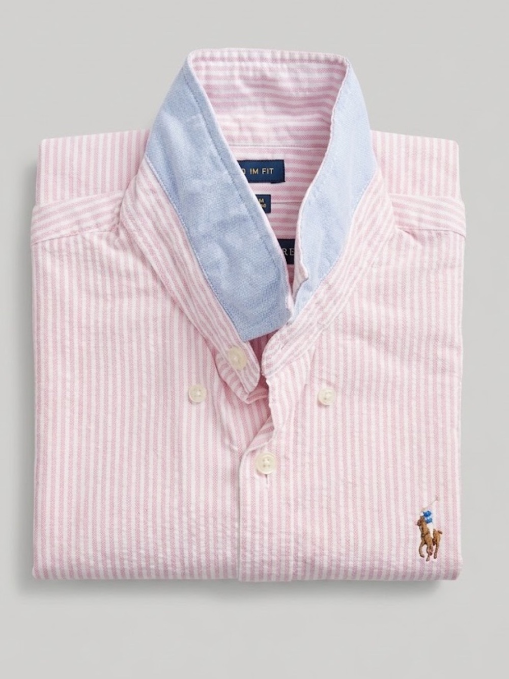 Vtg Ralph Lauren Blue Label Slim Oxford Shirt Pink White Stripe Contrast Collar